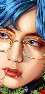 Realistic portrait with blue hair and glasses, vibrant digital art.