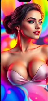 Colorful woman's portrait on mobile wallpaper with abstract design.