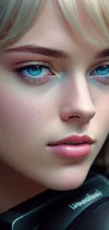 Close-up portrait wallpaper with striking blue eyes and soft skin tones.