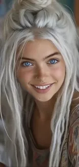 Smiling woman with silver hair and blue eyes in a vibrant portrait.