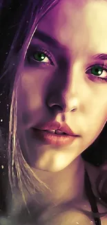 Vibrant portrait wallpaper with striking green eyes and warm purple tones.