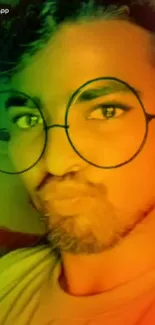 Vibrant portrait with rainbow gradient and oversized glasses.