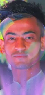 Young man's portrait with a vibrant bubble effect in a colorful design.