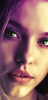 Artistic portrait with vibrant green eyes and purple tones.