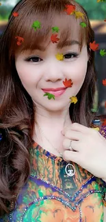 Vibrant portrait with colorful attire against a blurred natural background.