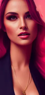 Stylish woman with pink hair in a vibrant artistic wallpaper.