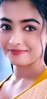 A vibrant portrait of a smiling woman in a blue and yellow setting.