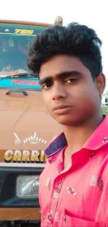 Portrait of a young man in pink shirt with truck backdrop.