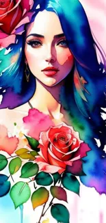 Vibrant watercolor portrait with floral elements and vivid colors.