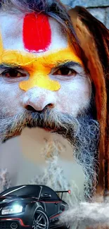 Portrait of a man with colorful face paint and a black sports car.