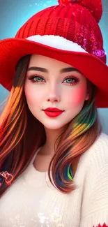 Artistic portrait of a person wearing a vibrant red hat, colorful hair accents.