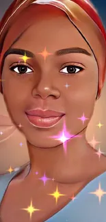 Stylized portrait with glowing star effects on a mobile wallpaper.