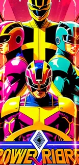 Four colorful superheroes in vibrant suits on a dynamic mobile wallpaper.