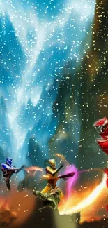 Power Rangers with mystical backdrop and vibrant energy.