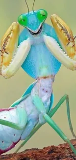 Close-up of a vibrant turquoise praying mantis on a brown log.