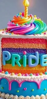 Vibrant cake with rainbow layers and 'Pride' message.