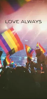 Concert scene with rainbow flags and 'Love Always' text.
