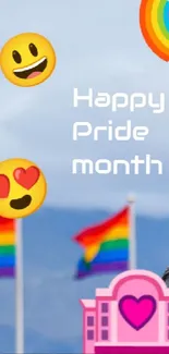 Wallpaper with rainbow flags and emojis celebrating pride month.