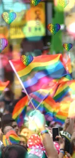 Colorful Pride Parade with Rainbow Flags and Hearts