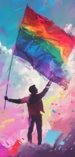 Abstract artwork of a person with rainbow flag.