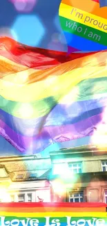 Rainbow pride flag waving against clear blue sky backdrop.