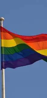 Rainbow pride flag waving against a clear blue sky.