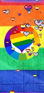 Pride heart wallpaper with rainbow colors and floating hearts.