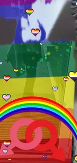 Vibrant Pride wallpaper with rainbow and heart symbols.