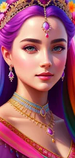 Vibrant princess with rainbow hair and jeweled headpiece in a fantasy setting.