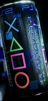 PS2 energy drink can with neon symbols.