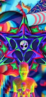 Vivid psychedelic alien-themed wallpaper with surreal design elements.