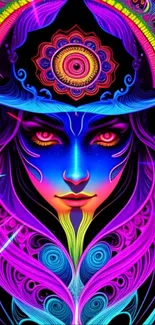 Vibrant psychedelic art wallpaper with neon colors and intricate design.