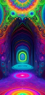 Psychedelic wallpaper with neon colors and vibrant abstract patterns.