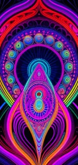 Vibrant psychedelic art wallpaper with neon colors and abstract patterns.