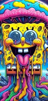 Colorful psychedelic cartoon sponge with vibrant design.