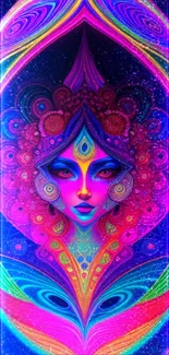 Vibrant psychedelic wallpaper with mystical face art.