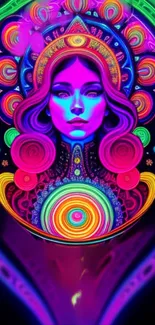 Vibrant neon psychedelic art design with intricate patterns.