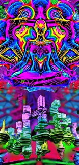 Vibrant psychedelic art wallpaper with neon colors and abstract design.