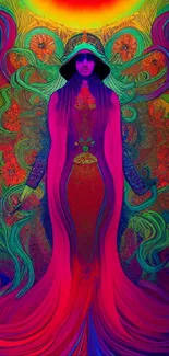 Colorful psychedelic wallpaper with mystical figure.