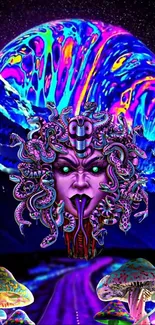 Psychedelic Medusa with vibrant colors and surreal elements.