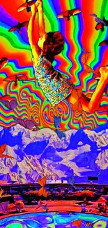 Psychedelic wallpaper with vibrant colors and surreal imagery featuring a flying figure.