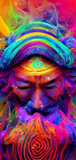 Vibrant psychedelic wallpaper with mystical figure and neon colors.