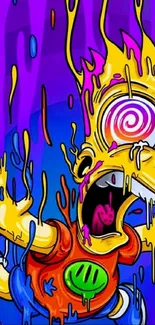 Vibrant psychedelic art wallpaper with colorful cartoon character.