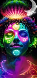 Psychedelic neon art of a serene face with vibrant colors.