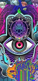 Psychedelic eye and mystical symbols wallpaper with vibrant colors.