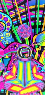 Vibrant psychedelic astronaut surrounded by colorful cosmic patterns.