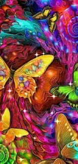 Colorful psychedelic butterfly wallpaper with vibrant swirls.