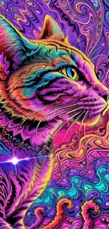 Psychedelic cat art wallpaper with vibrant neon colors and swirly patterns.