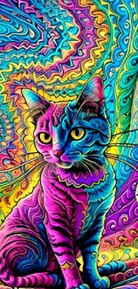 Vibrant psychedelic cat art with swirling colorful patterns.