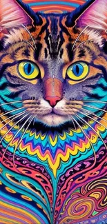 Psychedelic cat art with vibrant, colorful patterns and neon details.